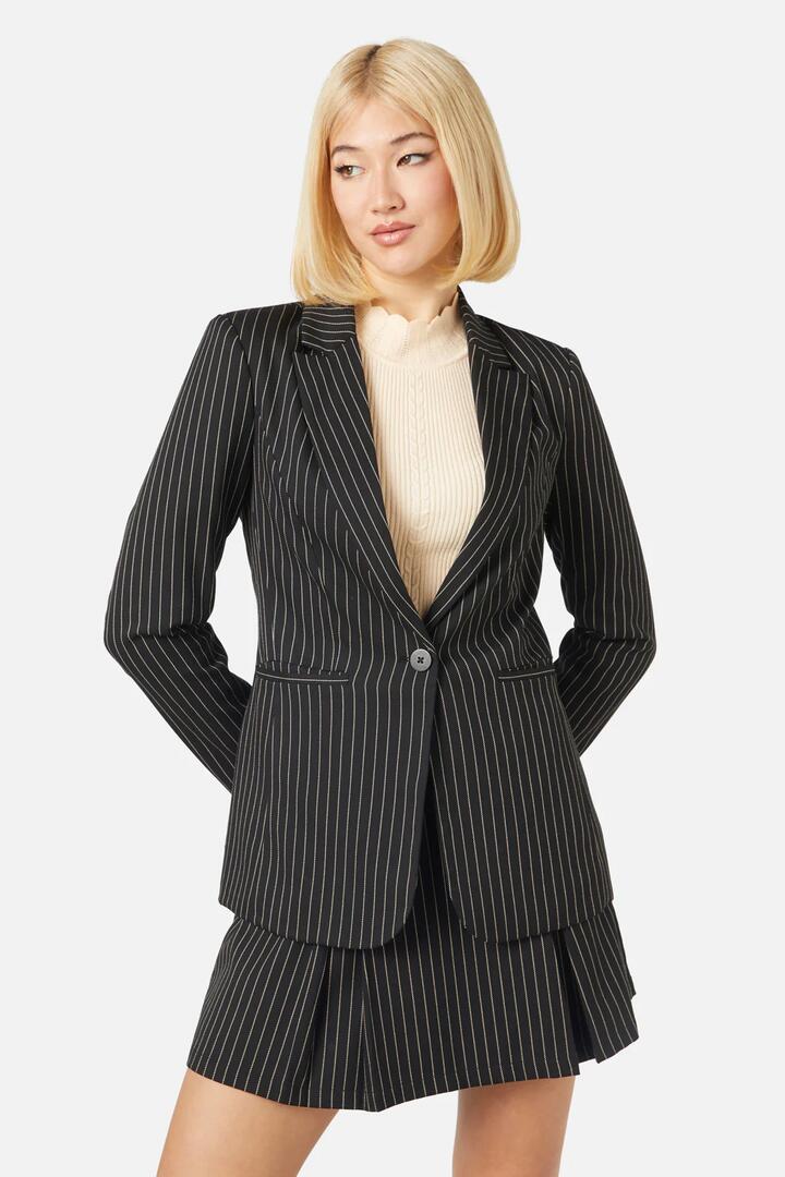 Image of a model wearing Outerwear. Productname: Abigail Pinstripe Jacket in Black colour by brand - Princess Highway