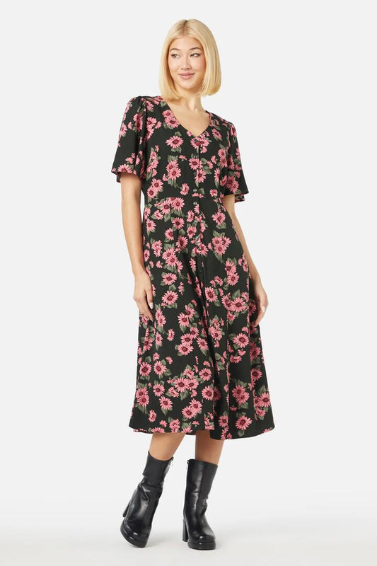 Image of a model wearing Dress. Productname: Winter Daisy Midi Dress in Pink colour by brand - Princess Highway