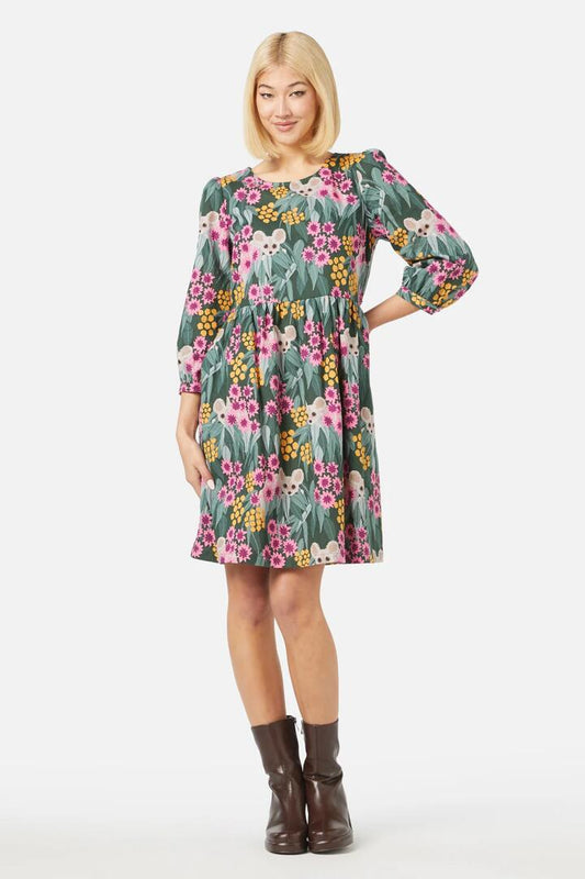 Image of a model wearing Dress. Productname: Greater Glider Dress in Green colour by brand - Princess Highway