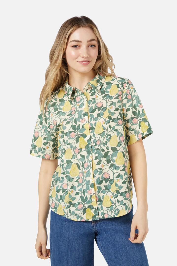 Image of a model wearing Tops. Productname: Pear Vine Shirt in Cream colour by brand - Princess Highway