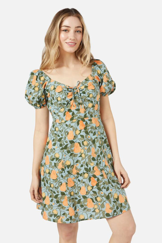 Image of a model wearing Dress. Productname: Pear Vine Mini Dress in Sage colour by brand - Princess Highway