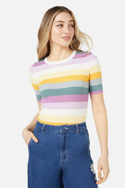 Image of a model wearing Tops. Productname: Sydney Stripe Knit Top in Pink Multi colour by brand - Princess Highway