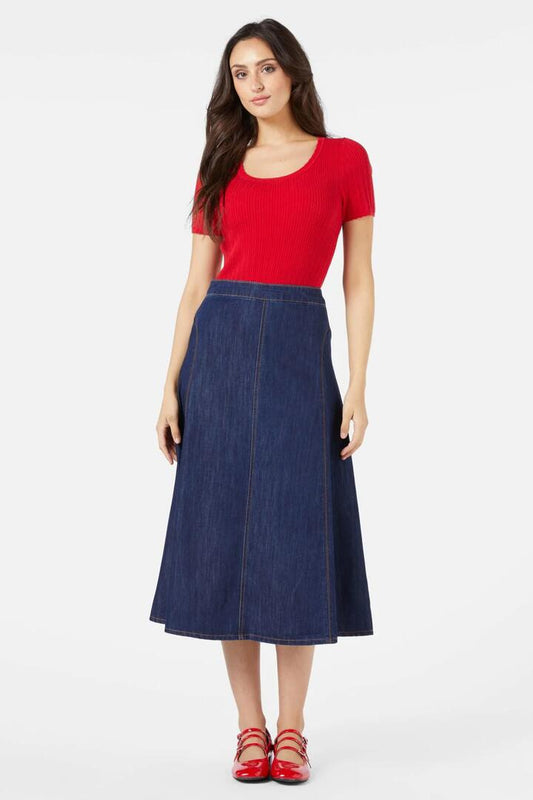 Image of a model wearing Skirts. Productname: Becca Midi Skirt in Dark Denim colour by brand - Princess Highway