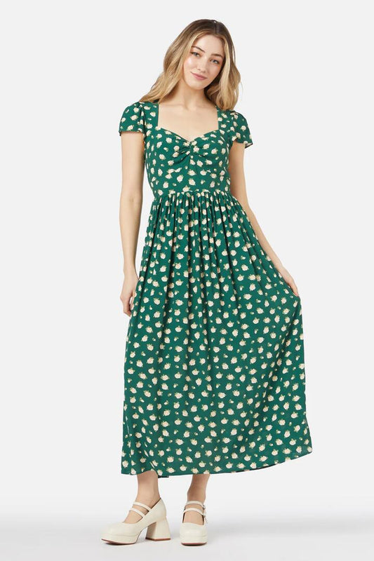 Image of a model wearing Dress. Productname: Baby Roses Midi Dress in Green colour by brand - Princess Highway