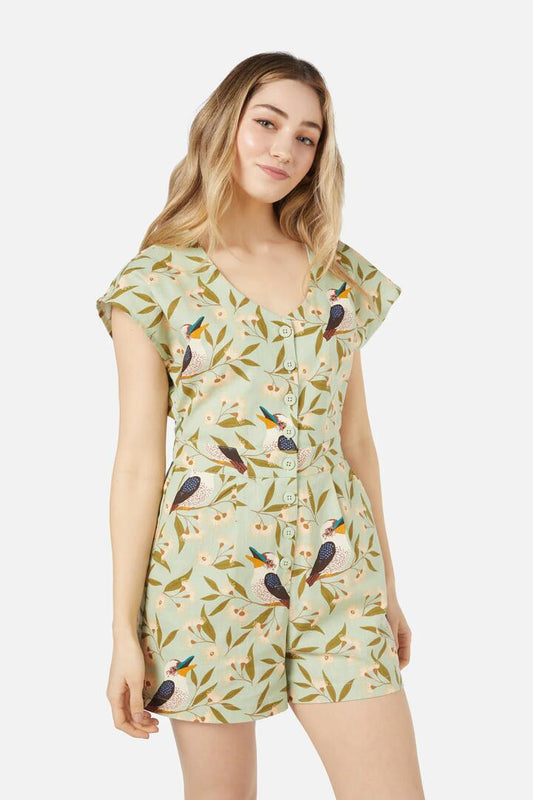 Image of a model wearing Dress. Productname: Kookaburra Playsuit in Green colour by brand - Princess Highway