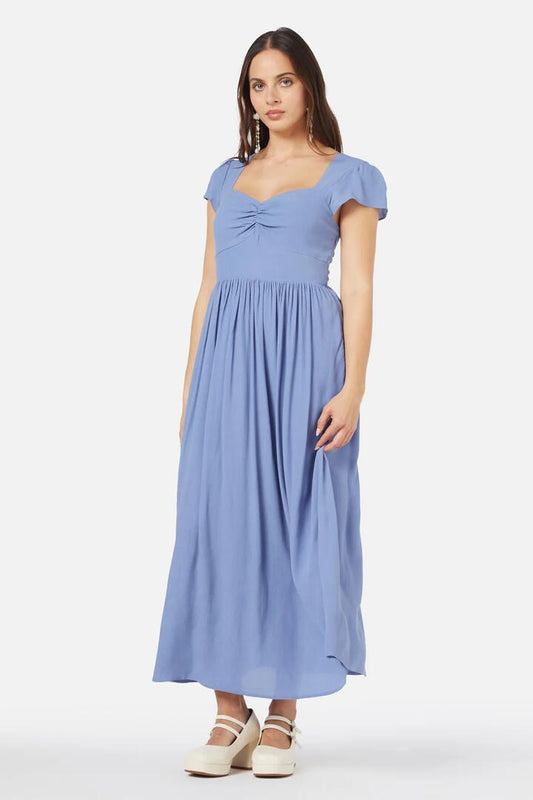 Image of a model wearing Dress. Productname: Poet Midi Dress in Blue colour by brand - Princess Highway