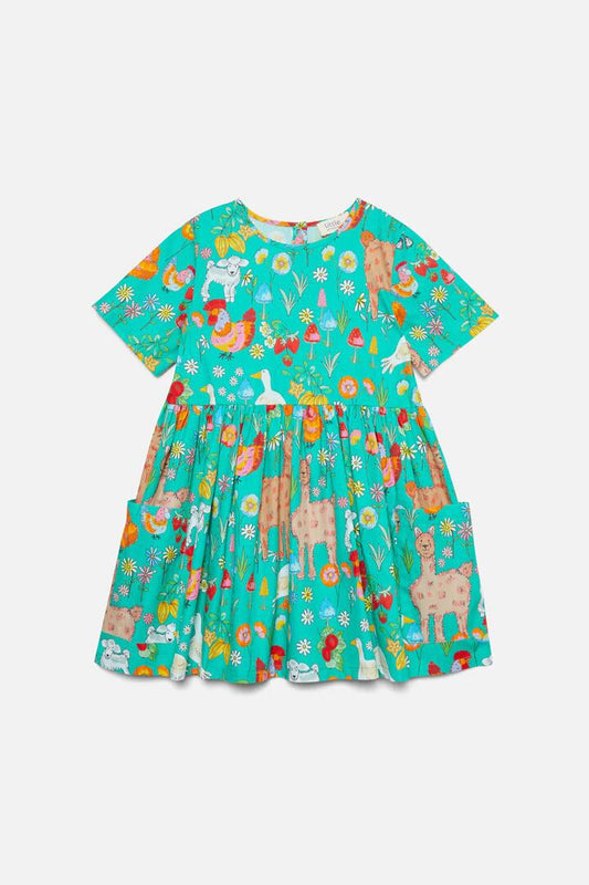 Image of a model wearing Dress. Productname: Farm Kids Dress in Green colour by brand - Princess Highway Kids