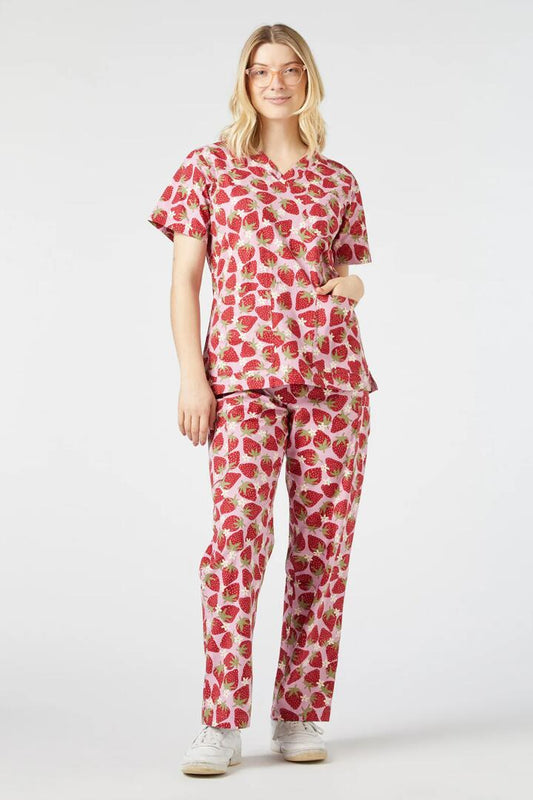 Image of a model wearing Uniforms & Workwear. Productname: Strawberry Scrub Set in Pink colour by brand - Princess Highway