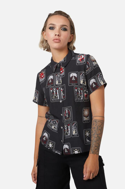 Image of a model wearing Tops. Productname: Tarot Spread Printed Shirt in Black colour by brand - Dangerfield