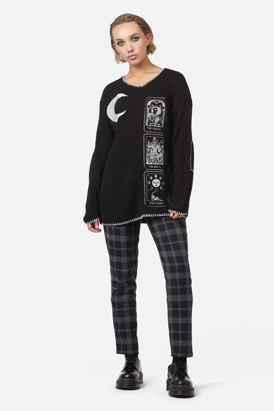 Image of a model wearing Outerwear. Productname: Dark Tarot Oversized Knit Jumper in Black colour by brand - Dangerfield