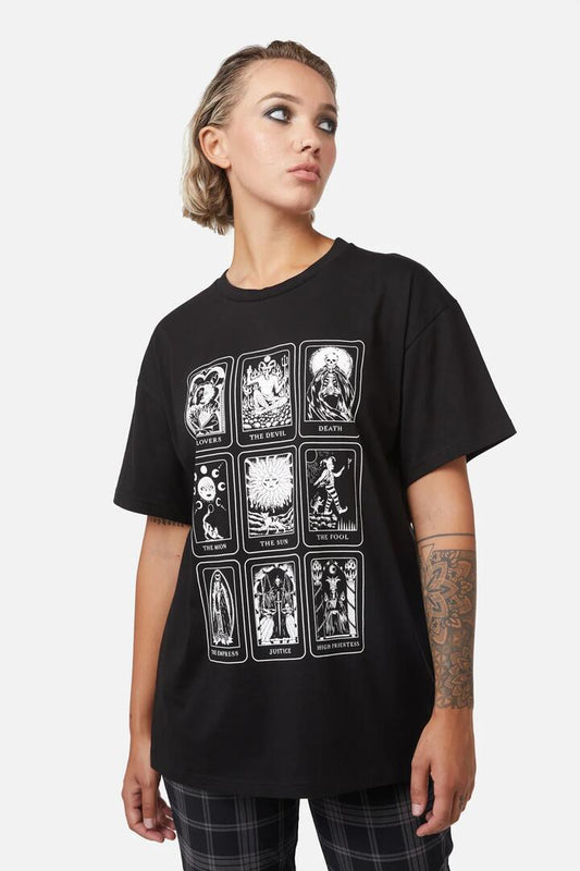 Image of a model wearing Tops. Productname: Dark Tarot Printed Tee in Black colour by brand - Dangerfield