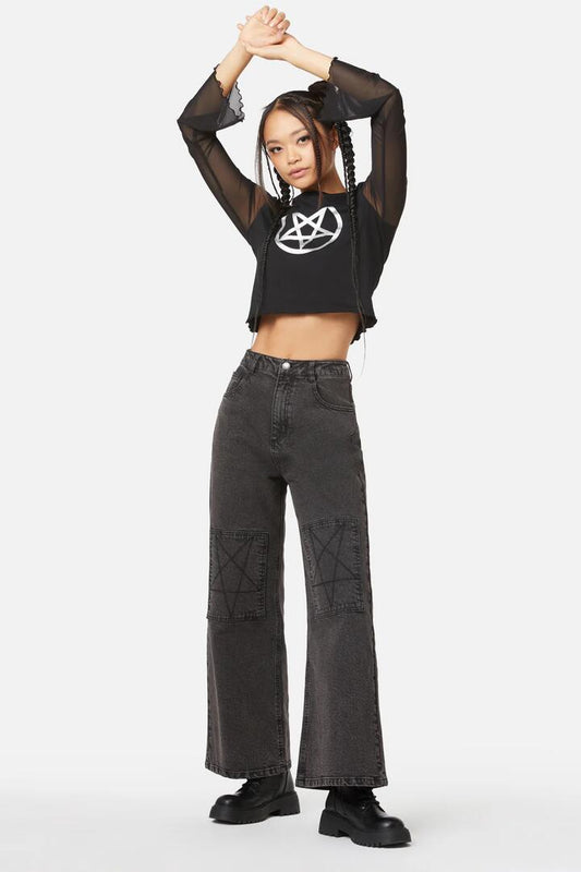 Image of a model wearing Denim. Productname: The Astral Wide Leg Jeans in Black colour by brand - Dangerfield