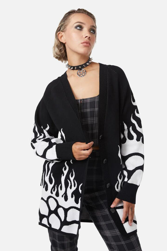 Image of a model wearing Outerwear. Productname: Dark Tarot Cardigan in Black colour by brand - Dangerfield