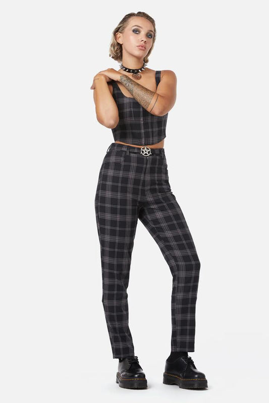 Image of a model wearing Pants. Productname: Victoria Tartan Fitted Pants in Black colour by brand - Dangerfield