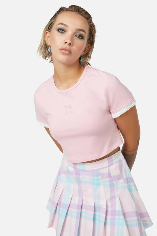 Image of a model wearing Tops. Productname: Meta Fantasy Wings Crop Tee in Pink colour by brand - Dangerfield