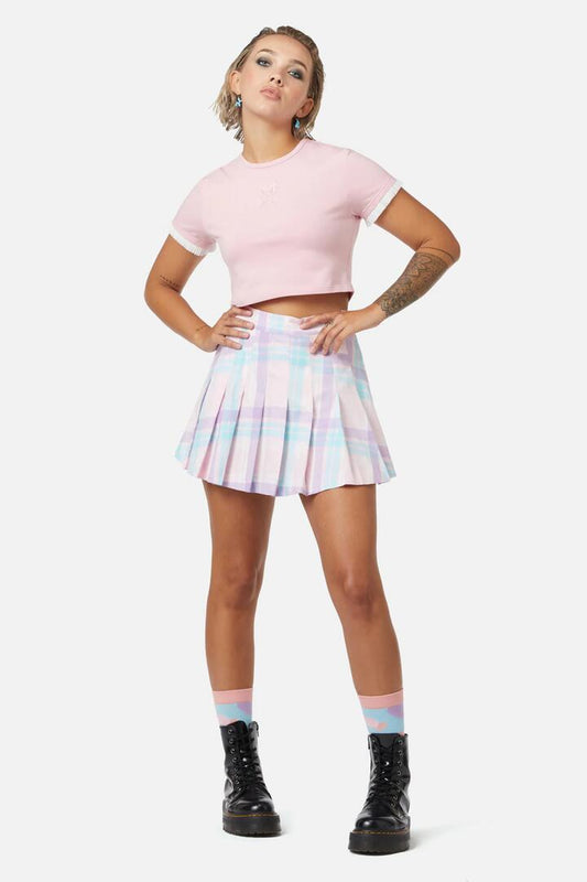 Image of a model wearing Skirts. Productname: Abyss Tartan Skirt in Multi colour by brand - Dangerfield