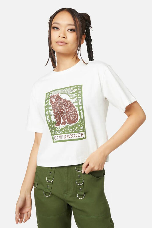 Image of a model wearing Tops. Productname: Camp Danger Tee in Cream colour by brand - Dangerfield