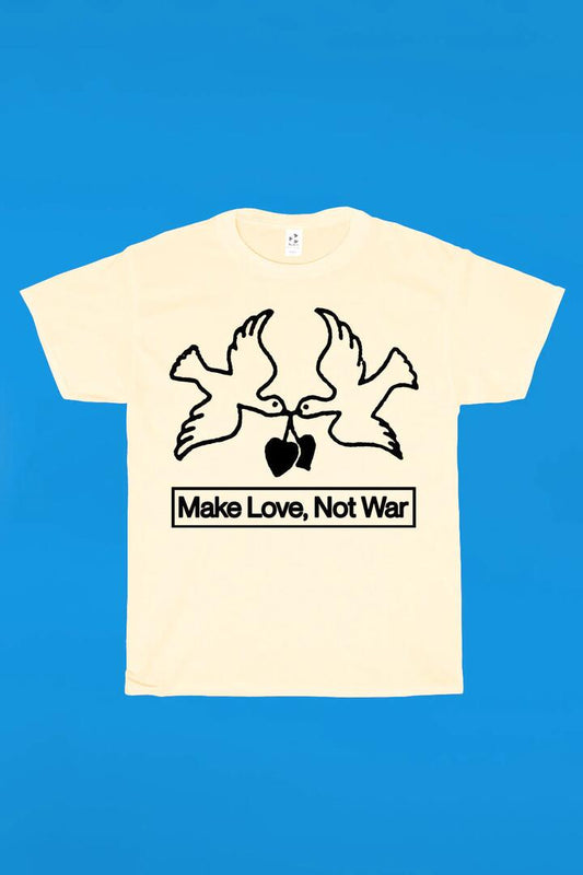 Image of a model wearing Tops. Productname: Make Love, Not War in Off White colour by brand - Pulp Kitchen