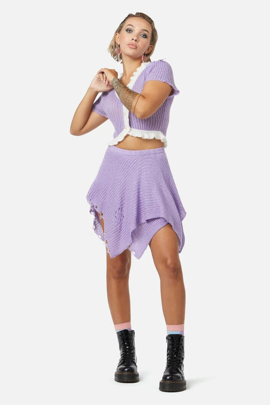 Image of a model wearing Skirts. Productname: Unclear New World Knit Skirt in Purple colour by brand - Dangerfield