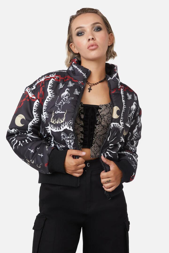 Image of a model wearing Outerwear. Productname: Dark Tarot Puffer Jacket in Multi colour by brand - Dangerfield