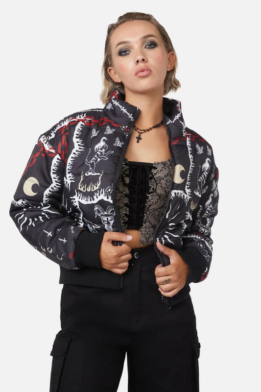 Image of a model wearing Outerwear. Productname: Dark Tarot Puffer Jacket in Multi colour by brand - Dangerfield