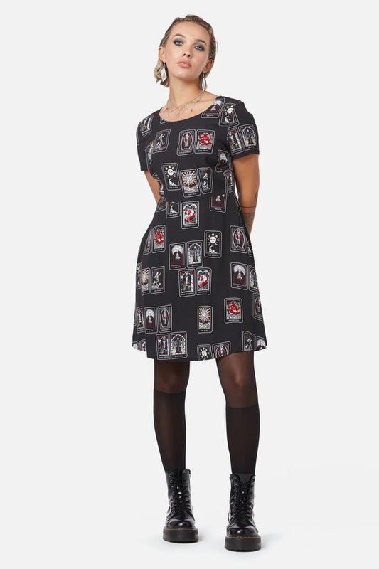Image of a model wearing Dress. Productname: Tarot Spread Print Dress in Black colour by brand - Dangerfield