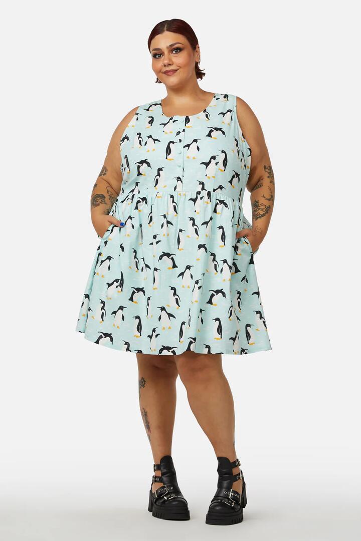 Image of a model wearing Dress. Productname: Curve Penguin Dress in Blue colour by brand - Dangerfield