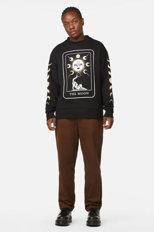 Image of a model wearing Tops. Productname: The Moon Print Long Sleeve Jumper in Black colour by brand - Dangerfield