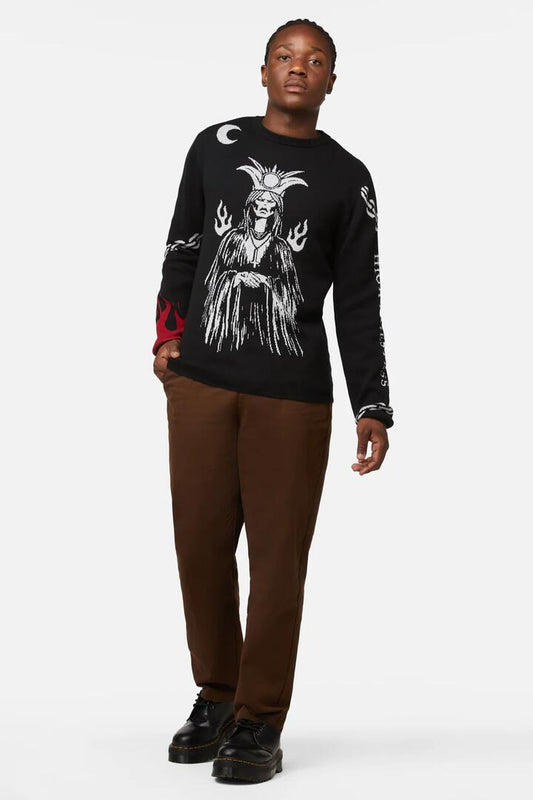 Image of a model wearing Outerwear. Productname: Truth Revealed Tarot Knit Jumper in Black colour by brand - Dangerfield