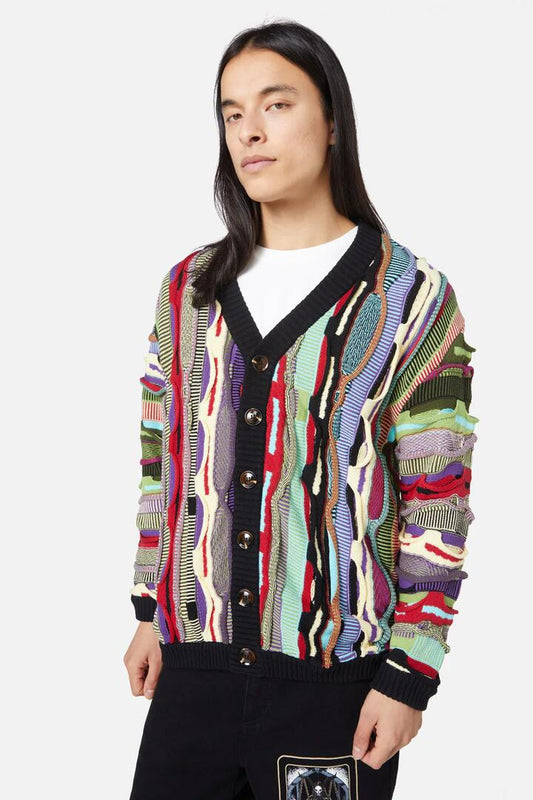 Image of a model wearing Outerwear. Productname: The Astral Unisex Cardigan in Multi colour by brand - Dangerfield