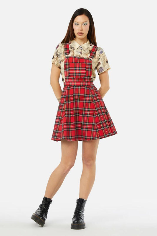 Image of a model wearing Dress. Productname: Chosen Tartan Pinafore in Red colour by brand - Dangerfield