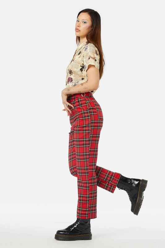 Image of a model wearing Pants. Productname: Chosen Tartan Pant in Red colour by brand - Dangerfield