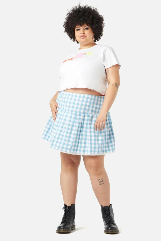Image of a model wearing Skirts. Productname: Curve Catrina Gingham Skirt in Blue colour by brand - Dangerfield