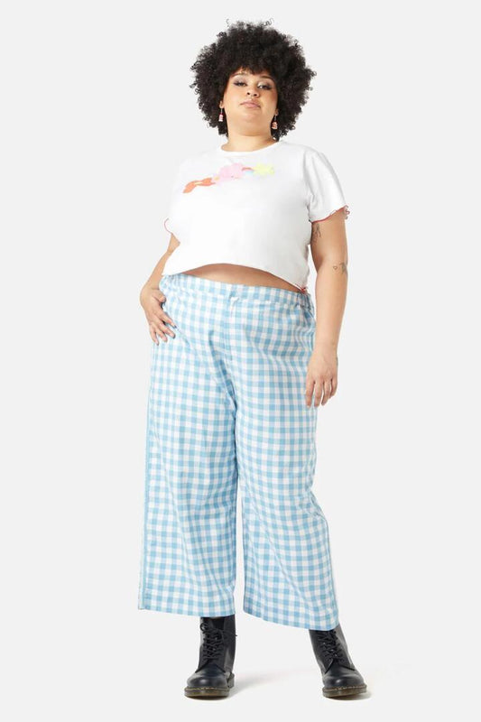Image of a model wearing Pants. Productname: Curve Catrina Gingham Pants in Blue colour by brand - Dangerfield