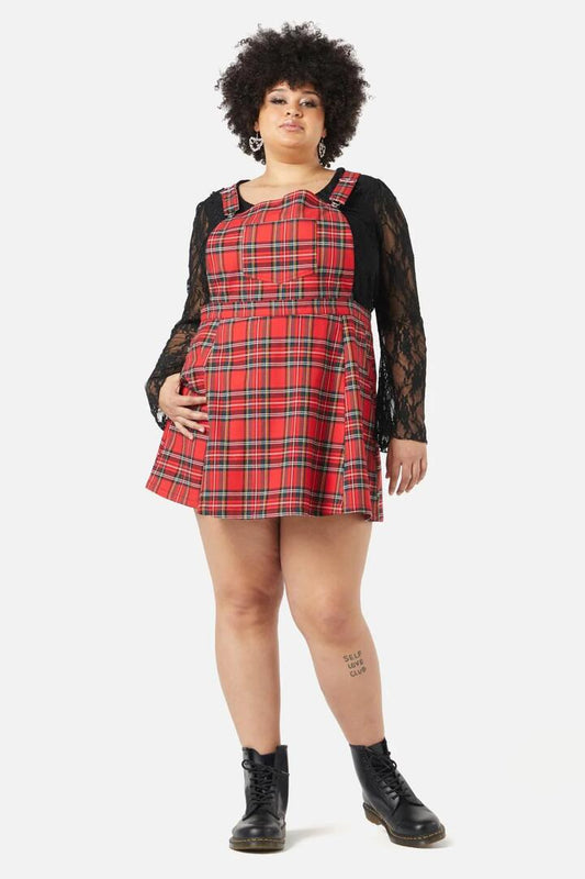 Image of a model wearing Dress. Productname: Curve Chosen Tartan Pinafore in Red colour by brand - Dangerfield