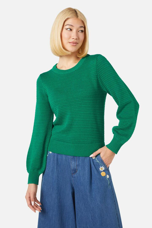 Image of a model wearing Outerwear. Productname: Phillipa Sweater Green in Green colour by brand - Princess Highway