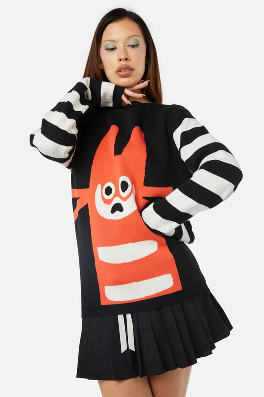 Image of a model wearing Tops. Productname: Peculiar Puss Knit in Multi colour by brand - Dangerfield