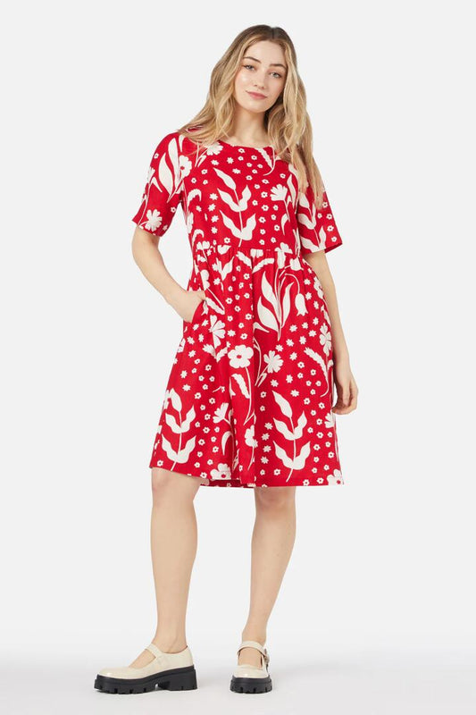 Image of a model wearing Dress. Productname: Irene Smock Dress in Cherry colour by brand - Princess Highway