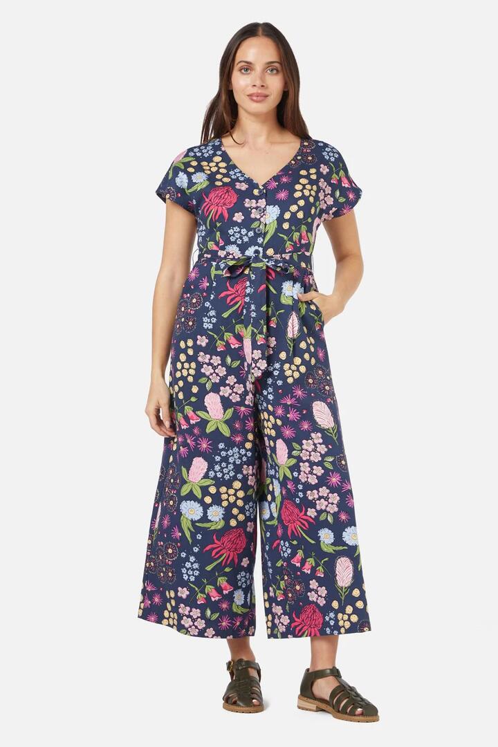 Image of a model wearing Outerwear. Productname: Bouquet Jumpsuit in Navy colour by brand - Princess Highway