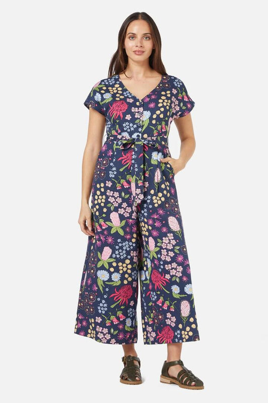 Image of a model wearing Outerwear. Productname: Bouquet Jumpsuit in Navy colour by brand - Princess Highway