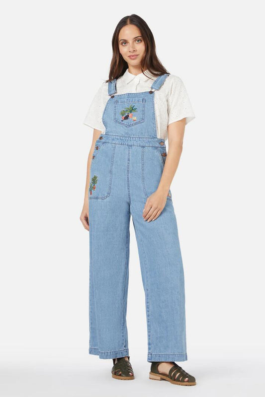 Image of a model wearing Pants. Productname: Cat & Plants Overall in Light Denim colour by brand - Princess Highway