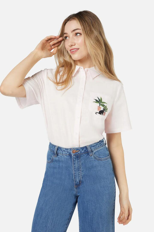 Image of a model wearing Tops. Productname: Cat & Plants Shirt in Soft Pink colour by brand - Princess Highway