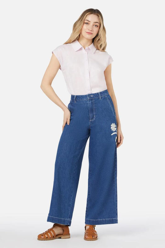 Image of a model wearing Denim. Productname: Irene Emb Jean in Mid Denim colour by brand - Princess Highway