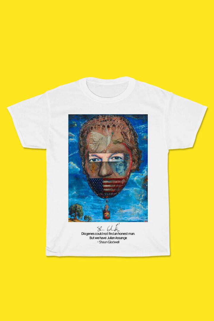 Image of a model wearing Tops. Productname: Shaun Gladwell's Assange in White colour by brand - Pulp Kitchen