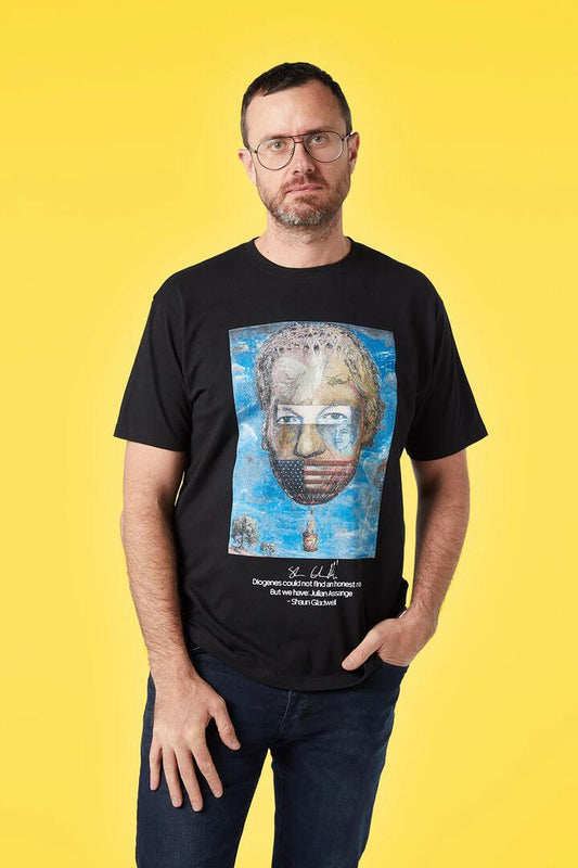 Image of a model wearing Tops. Productname: Shaun Gladwell's Assange in Black colour by brand - Pulp Kitchen