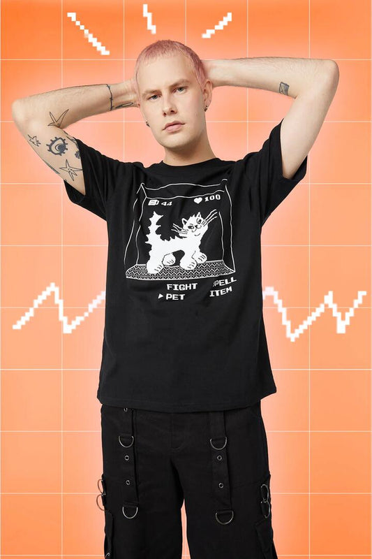 Image of a model wearing Tops. Productname: Dungeon Cat in Black colour by brand - Pulp Kitchen