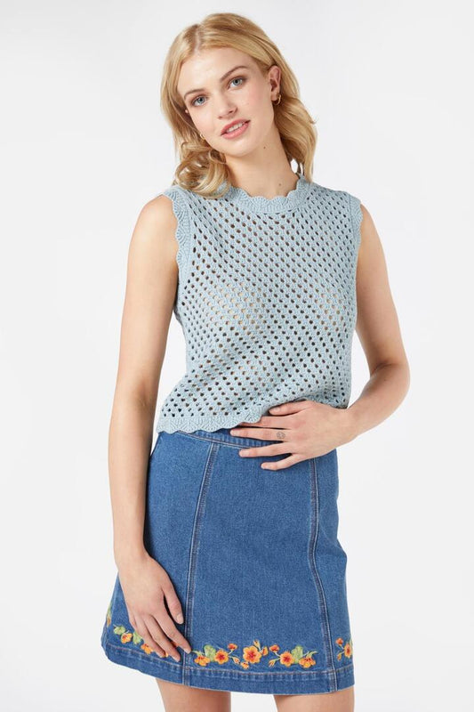 Image of a model wearing Tops. Productname: Alicia Top in Soft Blue colour by brand - Princess Highway