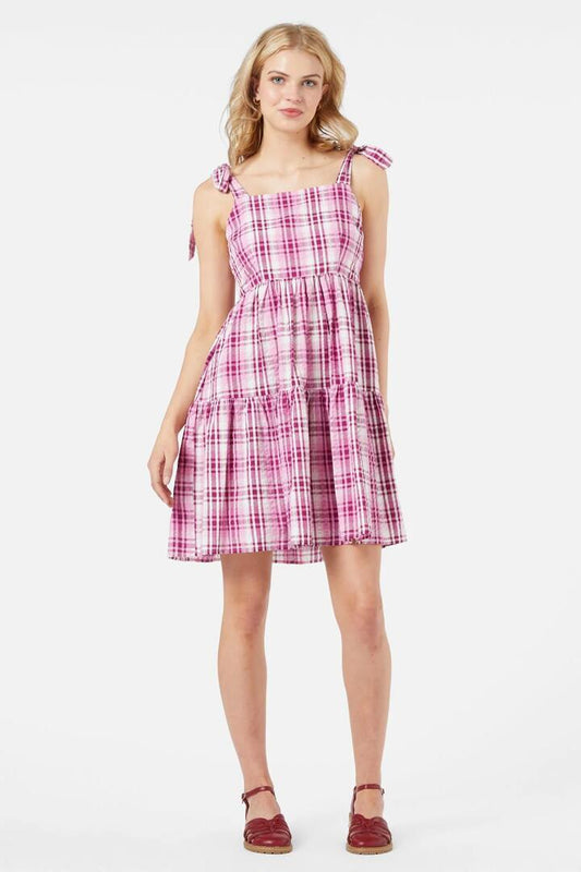 Image of a model wearing Dress. Productname: Andie Check Sundress in Berry colour by brand - Princess Highway