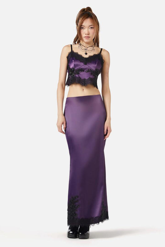 Image of a model wearing Skirts. Productname: Keepsake Satin Skirt in Purple colour by brand - Dangerfield