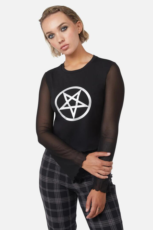 Image of a model wearing Tops. Productname: Pentagram Contrast Mesh Top in Black colour by brand - Dangerfield
